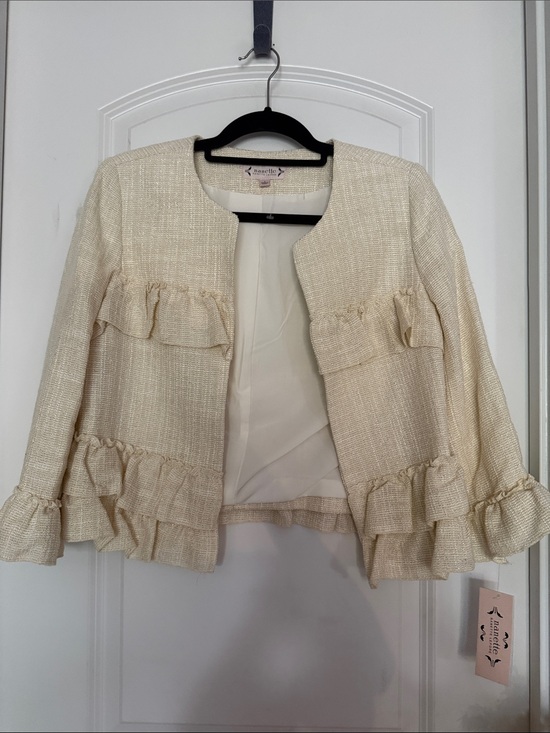 Nanette Lepore Jackets & Blazers - Nanette Lepore Cream Ruffle Tweed Open-Front Jacket